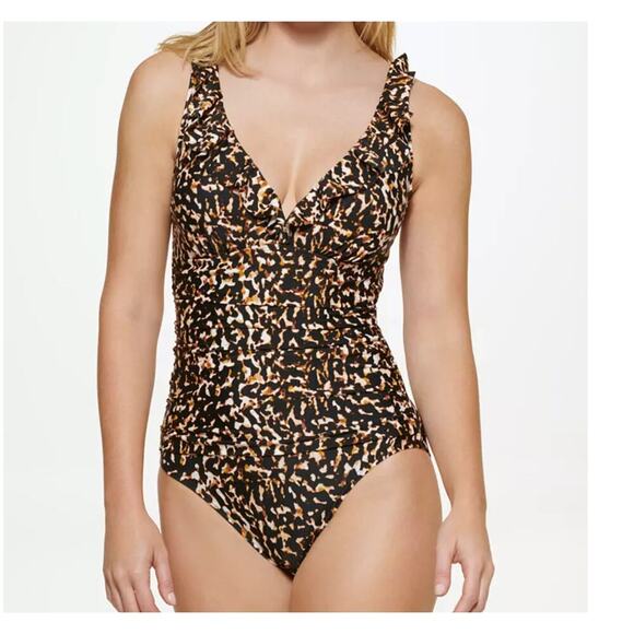 DKNY Ruffle Animal Print Underwire Tummy-Control One-Piece Swimsuit 10 NWT - Picture 1 of 4